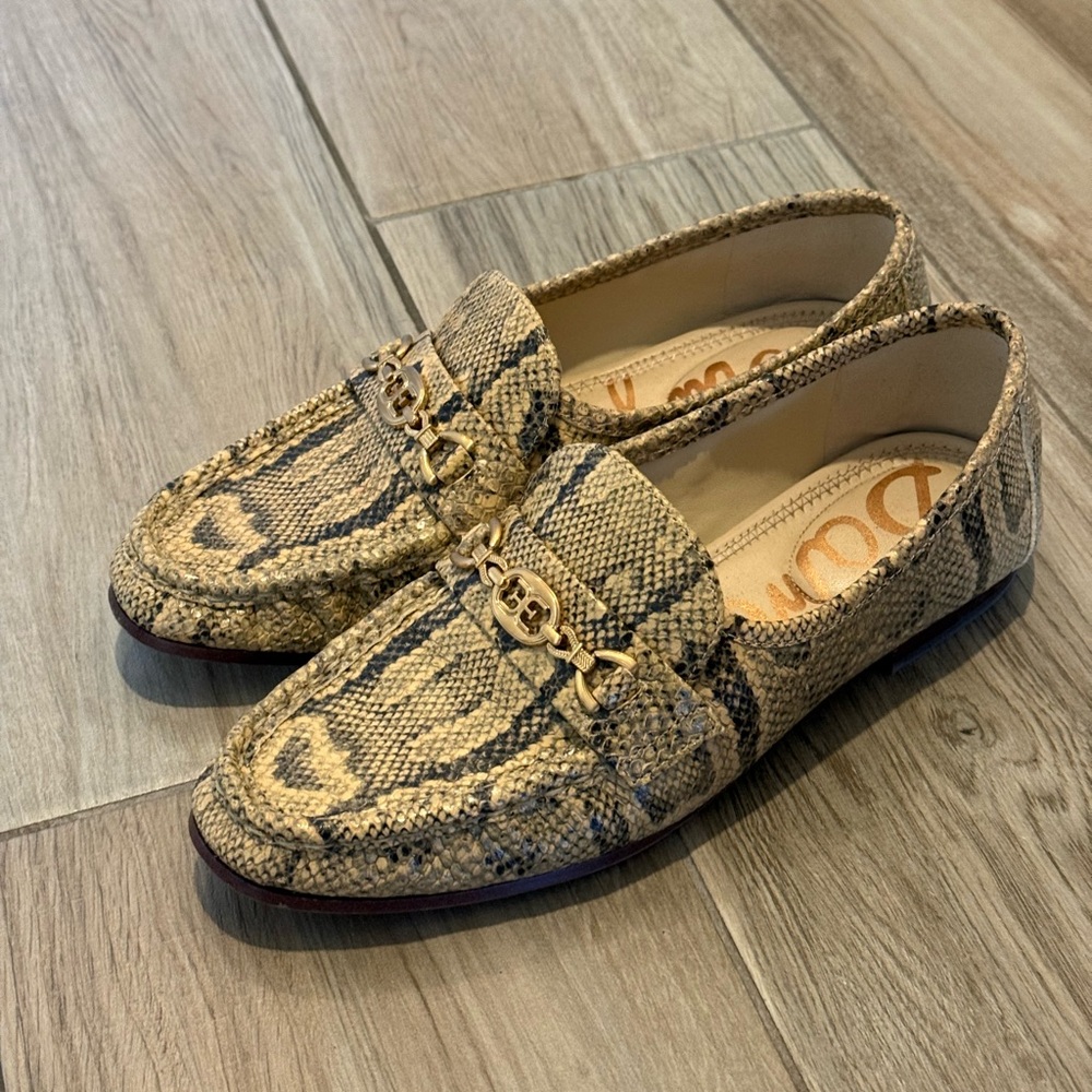 Snake-Print Loafers with Gold Chain Accent